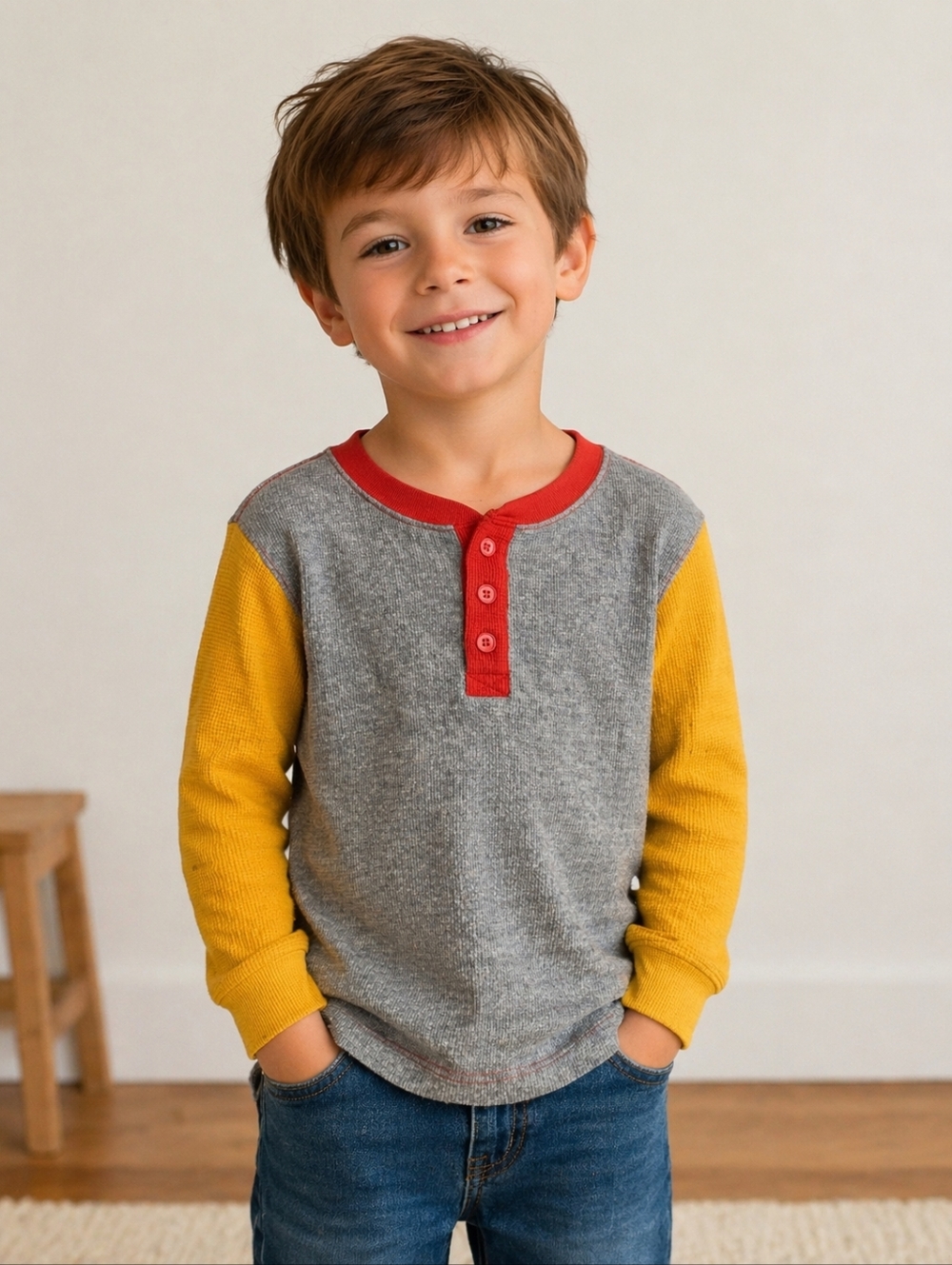 HANNA ANDERSSON Top Kids Size 4 Gray Yellow Red Waffle Knit Casual Henley